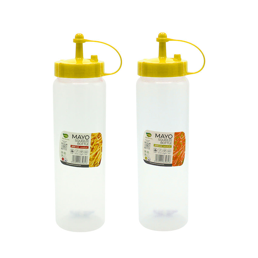 Two clear squeeze bottles with yellow lids on a white background