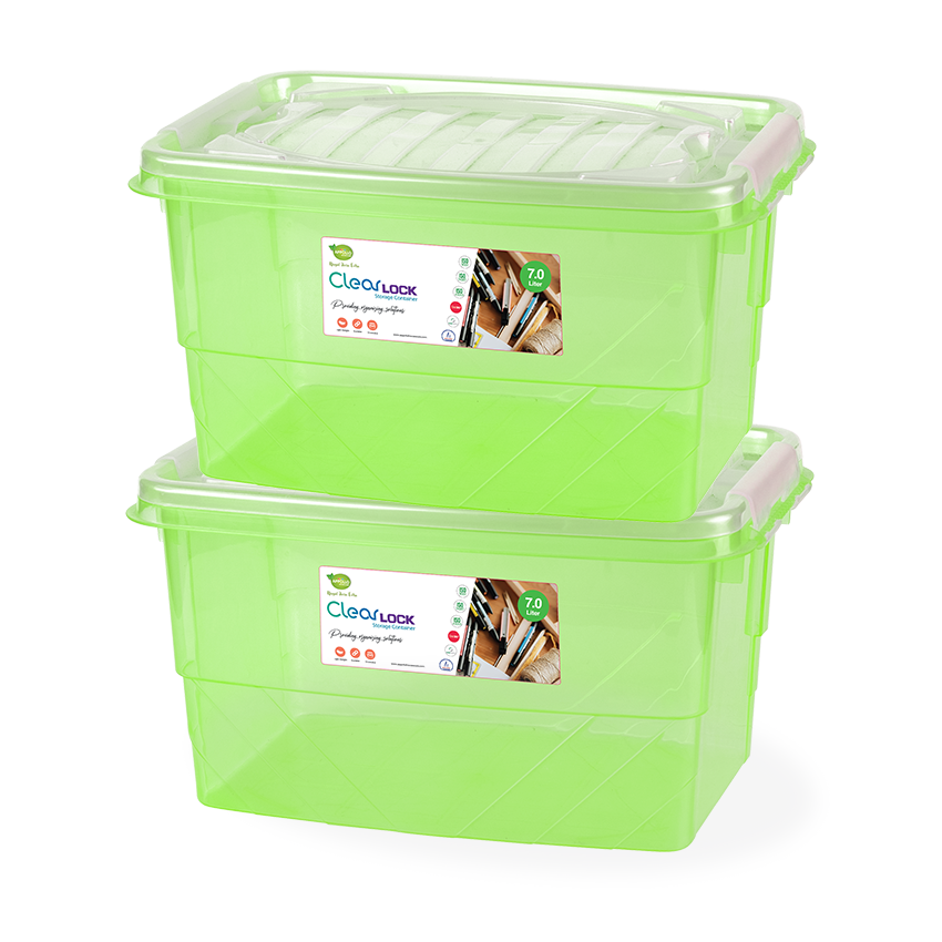 Clear Lock Storage Box 2 pc set - Medium 7ltr Transparent Natural Green