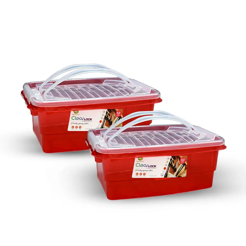 Clear Lock Storage Box 2 pc set - Small 5 liter Transparent Red