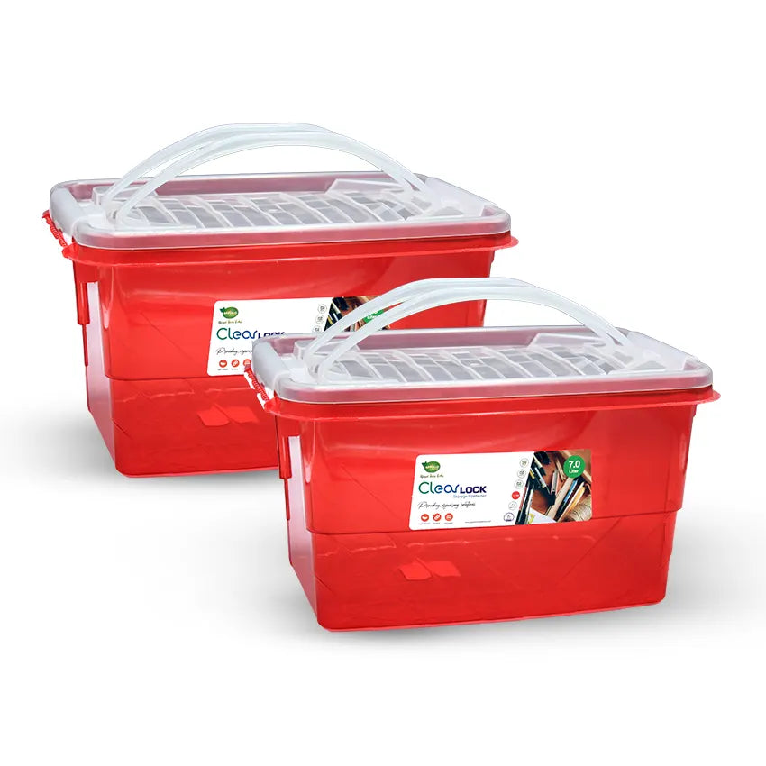 Clear Lock Storage Box 2 pc set - Medium 7ltr Transparent Red