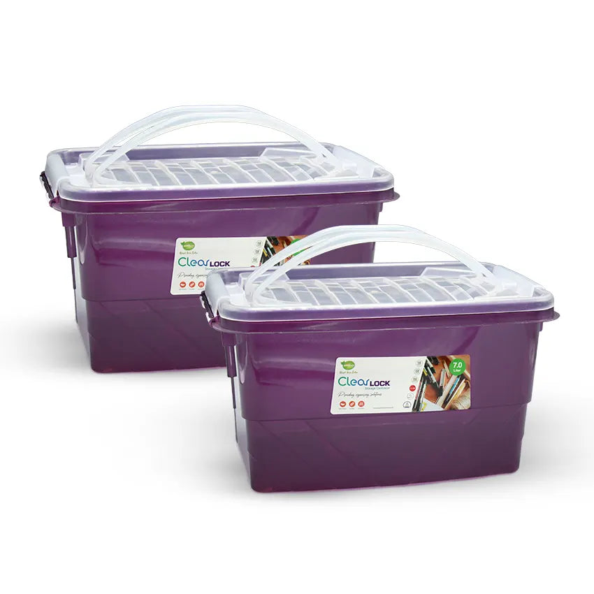 Clear Lock Storage Box 2 pc set - Medium 7ltr Transparent Purple
