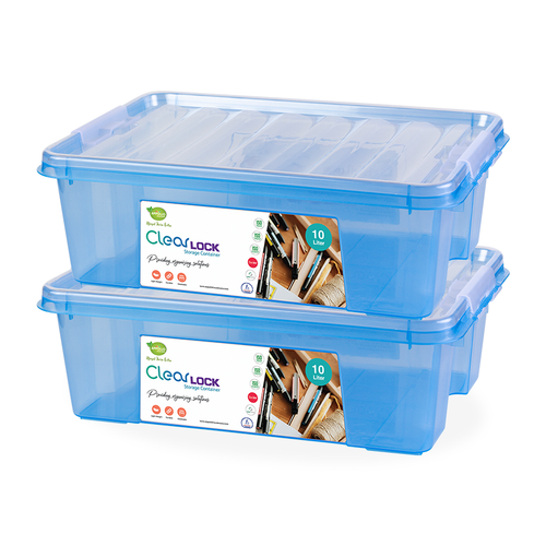 Clear Lock Storage Box 2 pc set - Large 10ltr Transparent Blue