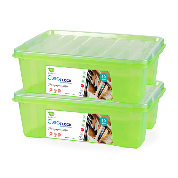 Clear Lock Storage Box 2 pc set - Large 10ltr Transparent Green