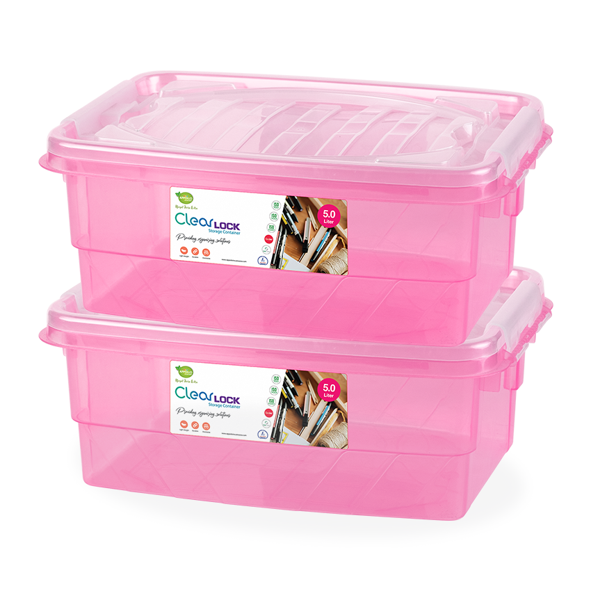 Clear Lock Storage Box 2 pc set - Small 5 liter Transparent Natural Pink
