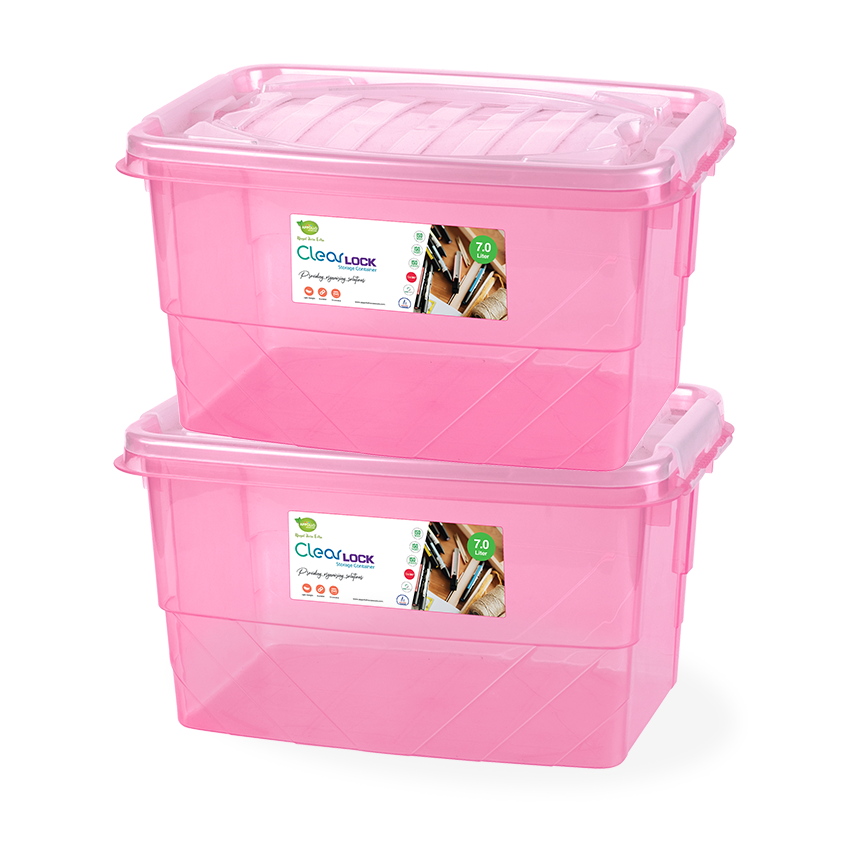 Clear Lock Storage Box 2 pc set - Medium 7ltr Transparent Natural Pink