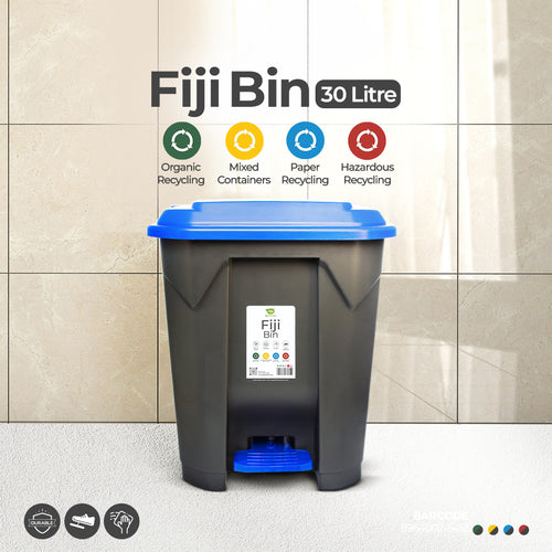 Black Fiji Bin with blue lid, foot-pedal mechanism, and color-coded recycling label