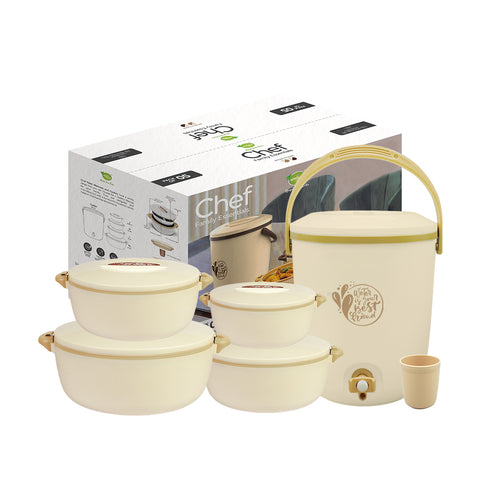 Chef Family Essentials hot pot set – pack of 4 stainless steel insulated hot pots in different sizes, with free glass 