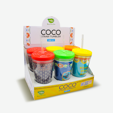 COCO Straw Tumbler 500ML Pack of 6 with colorful Pakistani truck art print and reusable transparent straws – available in orange, yellow, red, and green
