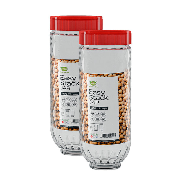 Two 'Easy Stack Jar' containers with red lids on a white background