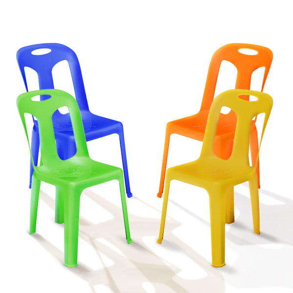 Four plastic outdoor chairs in green, blue, orange, and yellow