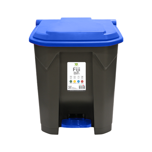 A black Fiji Bin with a blue lid, equipped with a foot-pedal mechanism