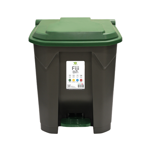 A black Fiji Bin with a green lid, equipped with a foot-pedal mechanism and color-coded labels for recycling.