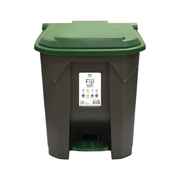 A black Fiji Bin with a green lid, equipped with a foot-pedal mechanism and color-coded labels for recycling.