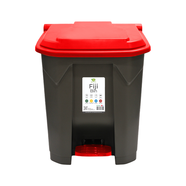 A black Fiji Bin with a re lid, equipped with a foot-pedal