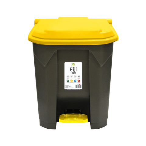 A black Fiji Bin with ayello lid, equipped with a foot-pedal mechanism