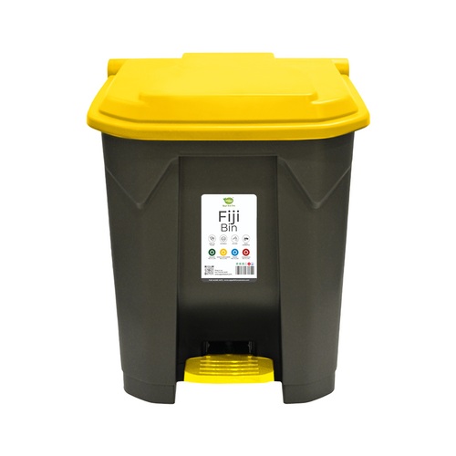 A black Fiji Bin with ayello lid, equipped with a foot-pedal mechanism