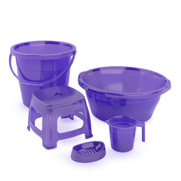 Set of purple plastic items including a bucket, bowl, cup, and step stool on a white background