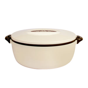 A white, oval-shaped stainless steel food warmer with a lid and dark brown handles.