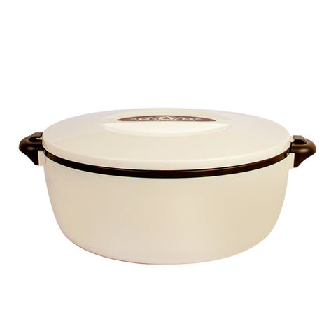 A white, oval-shaped stainless steel food warmer with a lid and dark brown handles.