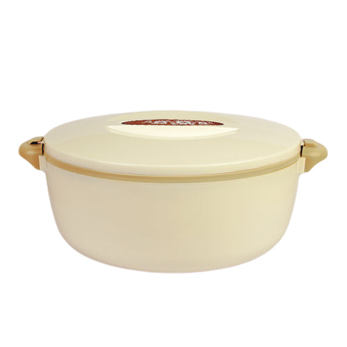 A beige, oval-shaped, stainless steel food warmer with a lid and beige handles.