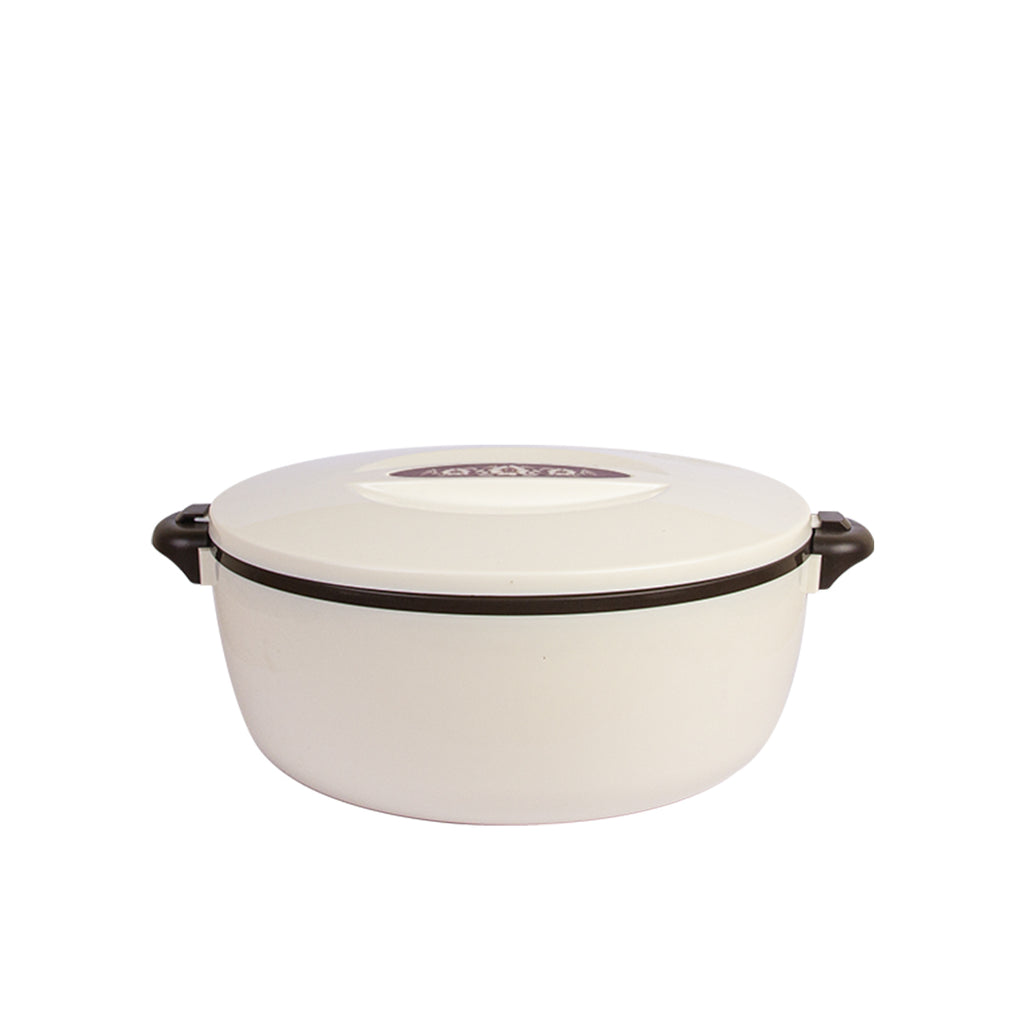 A white food warmer with a stainless steel liner and brown handles.