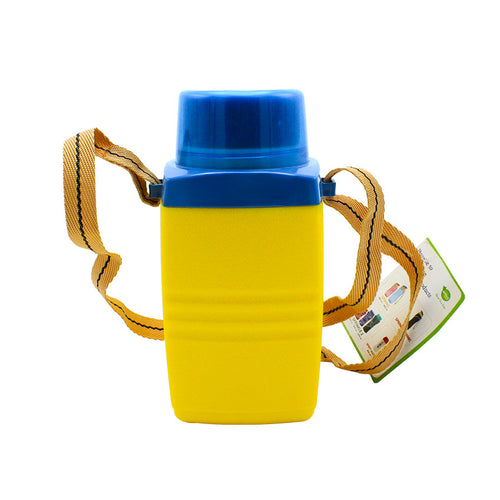 Yellow water bottle with blue cap and strap on a white background
