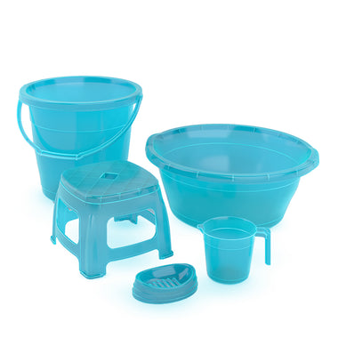 Set of blue plastic buckets, bowl, stool, and mug