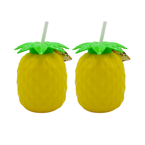 Two pineapple-shaped drink containers with straws on a white background