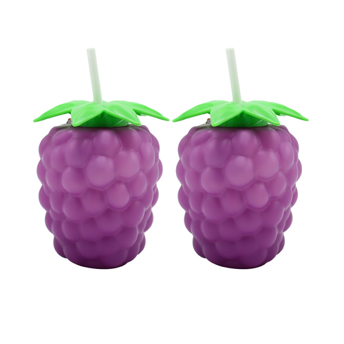 Two purple fruit-shaped drink with green leaf accents on a white background.
