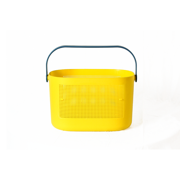 A yellow storage basket with a blue handle, featuring a compact and stackable design with small drainage holes.