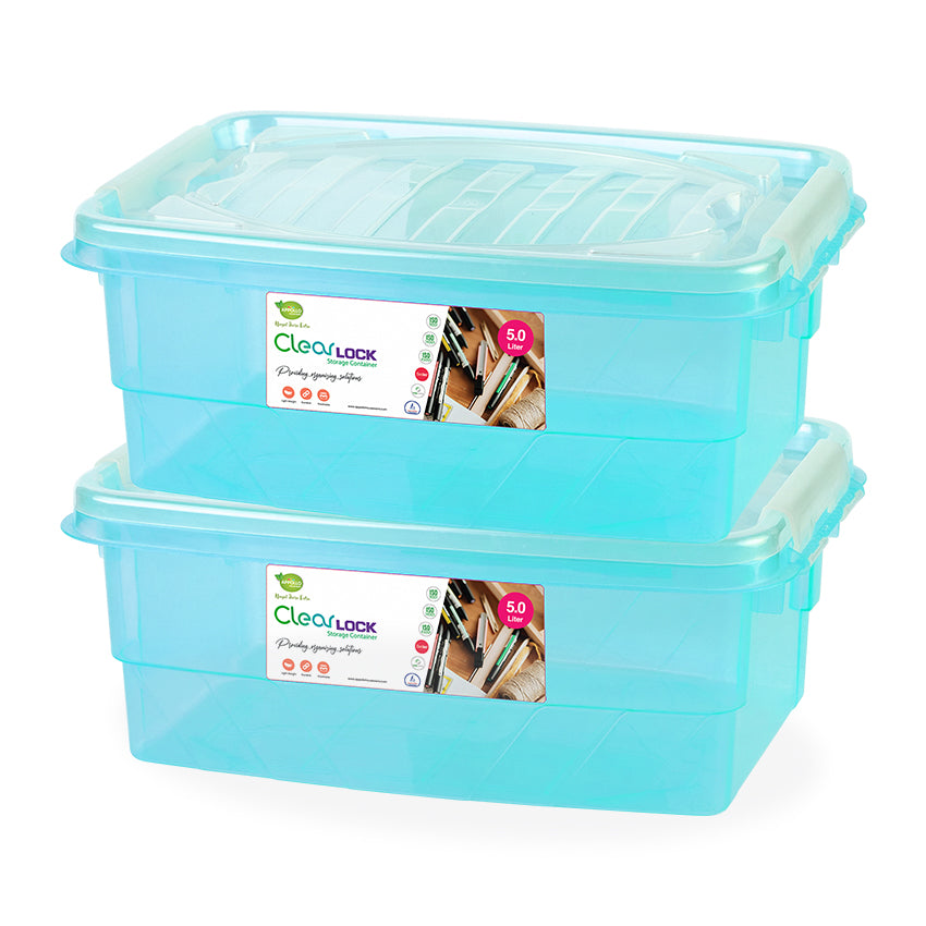 Clear Lock Storage Box Pack of 2 Small - (5Ltr) Transparent