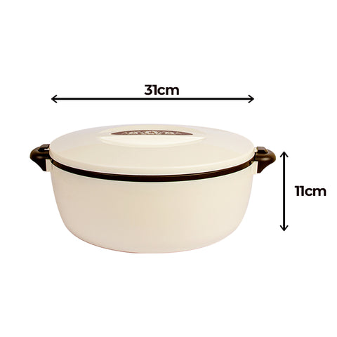 White round container with brown handles and measurements on a white background