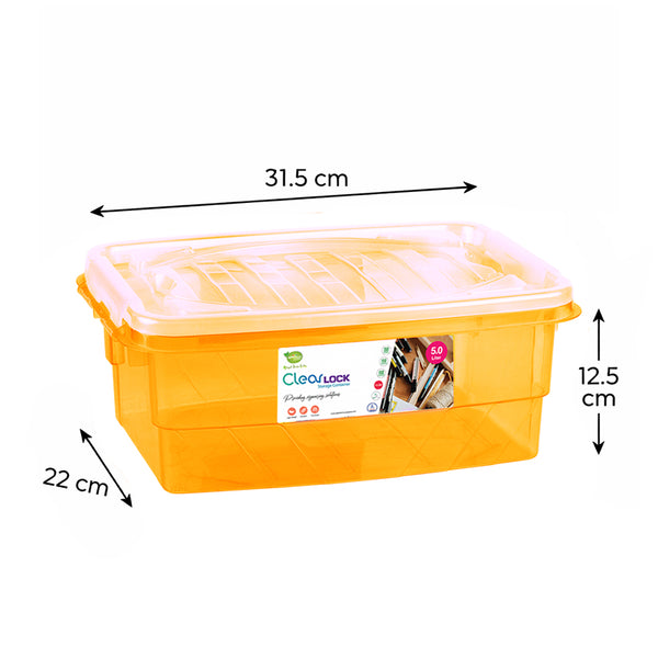 Orange storage container with dimensions labeled on a white background