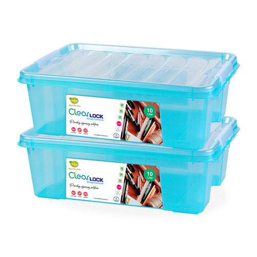 Two large, transparent storage boxes with blue lids, labelled Clear Lock, perfect for storing food and other items.