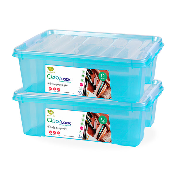 Two large turquoise Clear Lock storage boxes with stackable design, each box with '10Litre' capacity  perfect for storing food and other items.