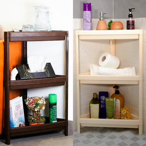 Two bathroom shelves, one wooden and one white, with various items on each.