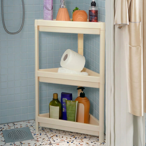 Bathroom corner shelf with various items against a tiled wall.