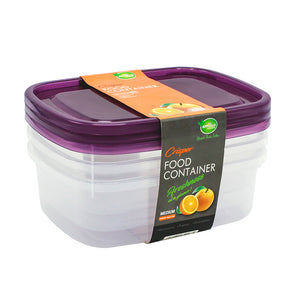 A clear plastic food storage container with a purple lid, labeled as a 'Crisper Food Container' for dry food items, with product details visible on the label.
