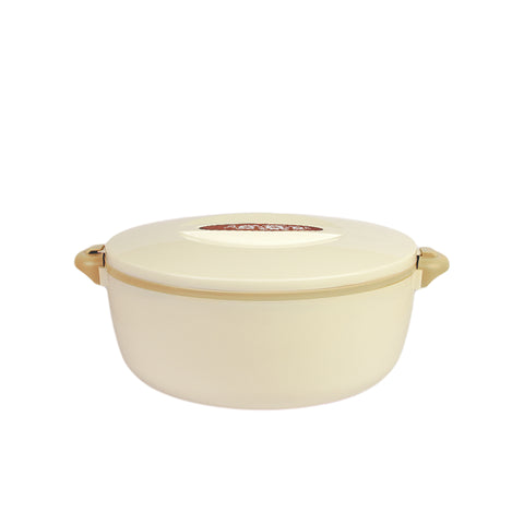 A cream food warmer with a stainless steel liner and brown handles.
