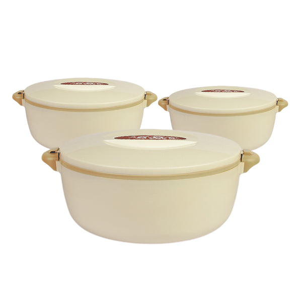 A set of three white Chef food warmers with black lids and handles, in varying sizes.