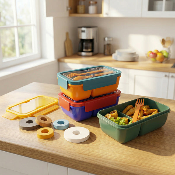 Colorful food storage containers on a kitchen counter with a window in the background.
