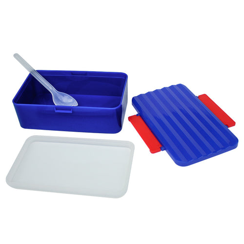 A blue plastic container set with a clear plastic spoon inside, a separate clear lid, and a blue ribbed lid with red handles, shown on a white background.