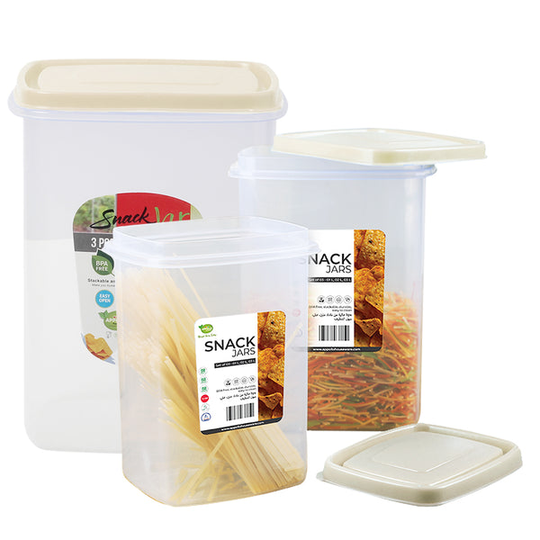 Three different sized clear plastic snack jars with airtight lids, along with a smaller clear lid, displayed with some snack food items inside one of the jars.