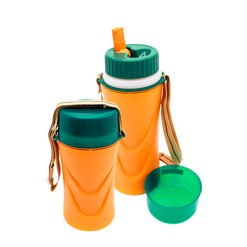 Two orange water bottles with green lids on a white background