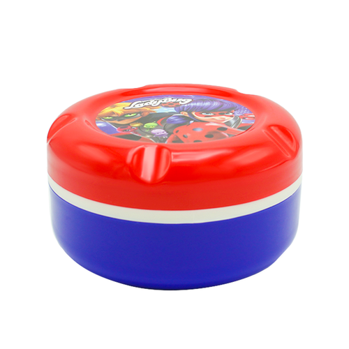 A two-tiered kids' lunch box with red lid and blue base, featuring a character design.