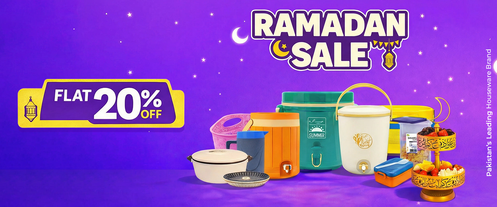 Promotional banner for Ramadan sale with kitchen items and discount offer on a purple background.